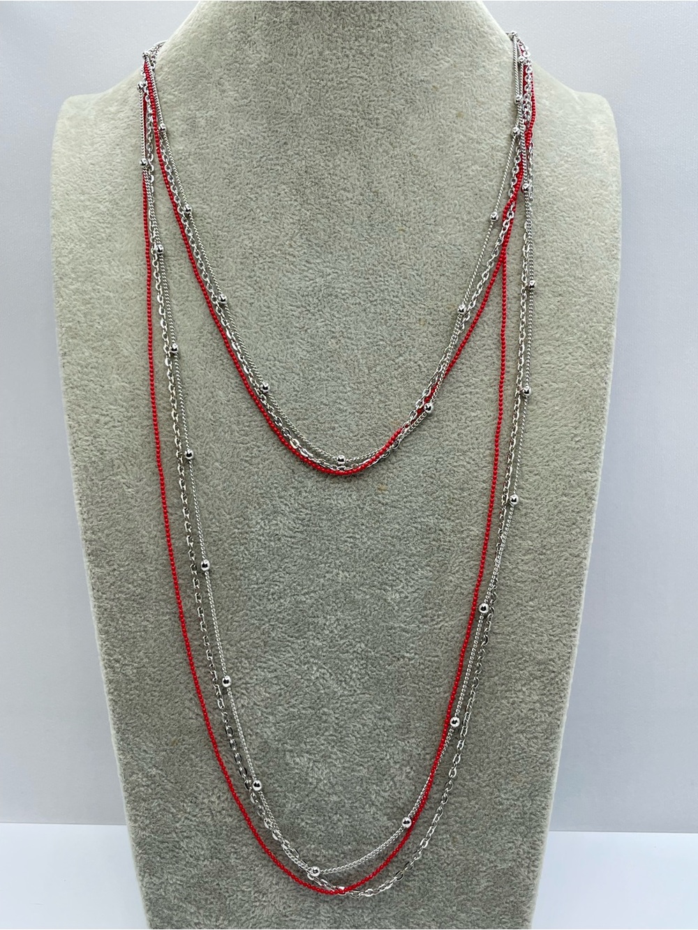 Silver Tone Red Layered Beaded Necklace Y2K Boho Statement